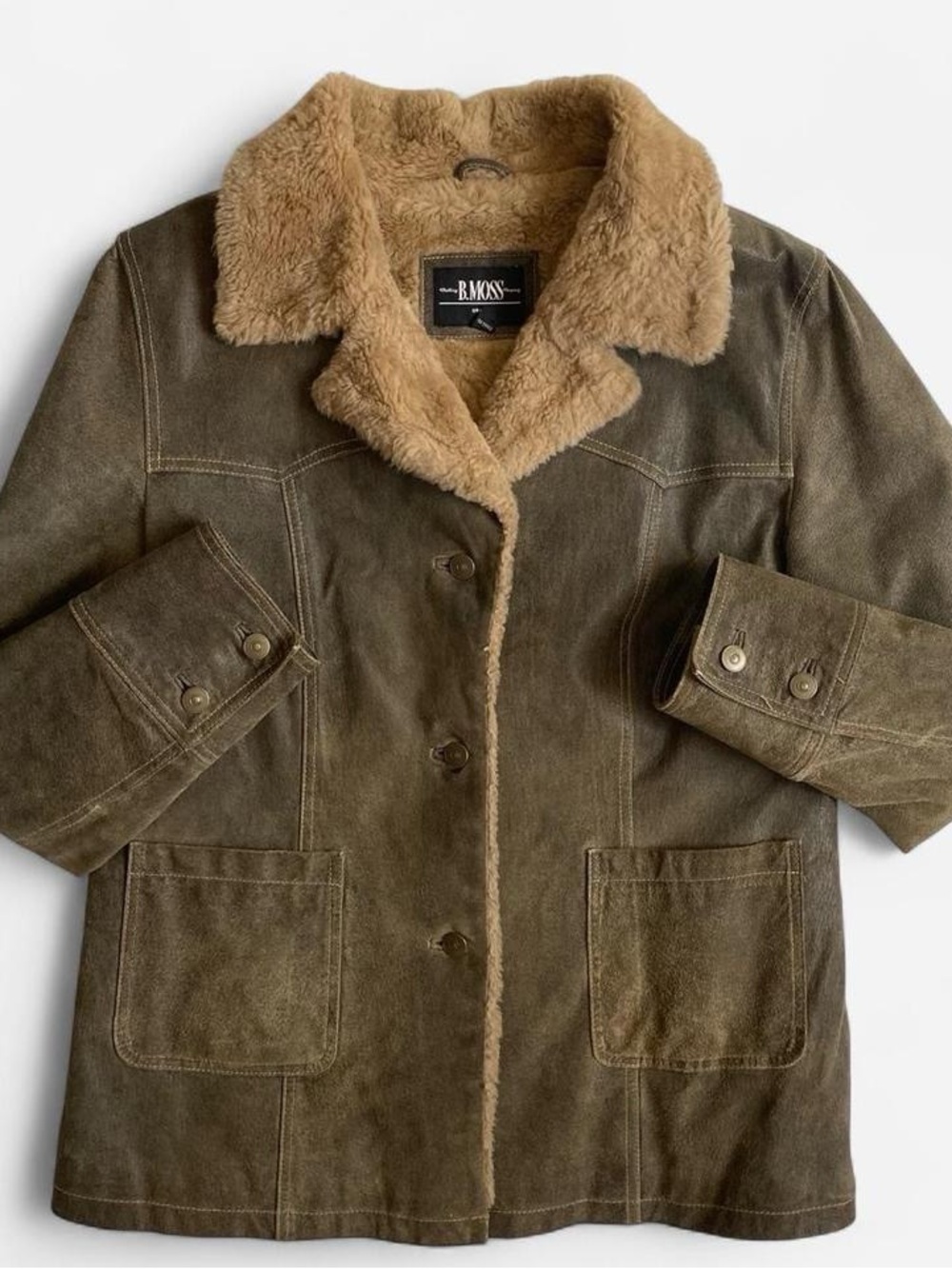 Vintage Y2K brown suede leather coat w/faux fur trim
